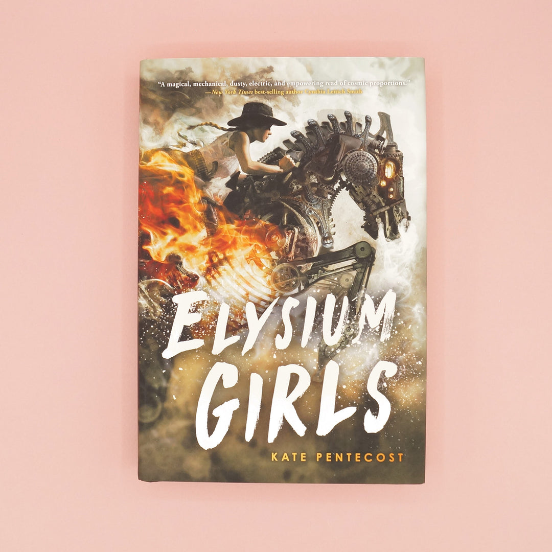 A hardcover copy of Elysium Girls by Kate Pentecost on a pink background.