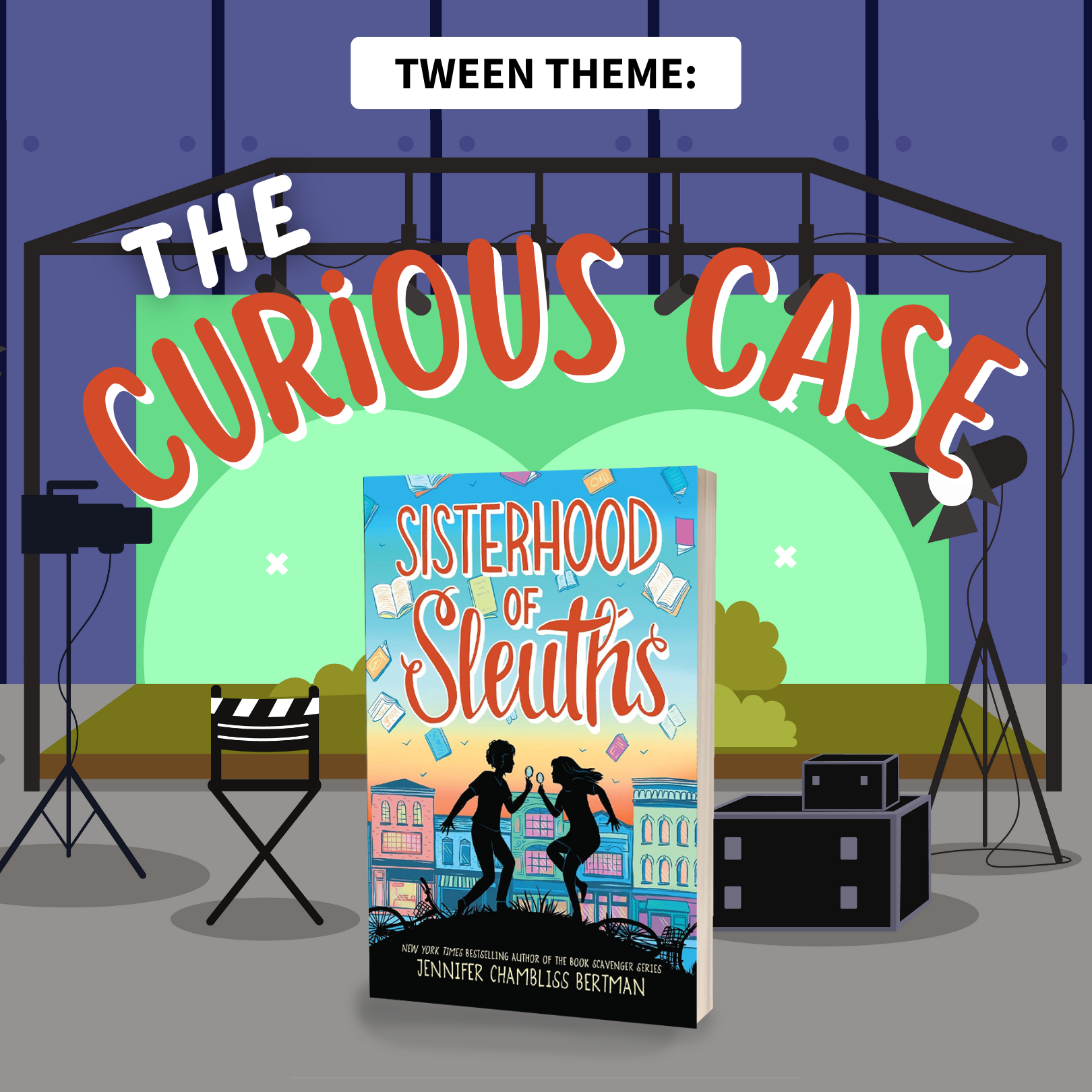 September Tween Book 'Sisterhood of Sleuths' with an illustrated movie set background