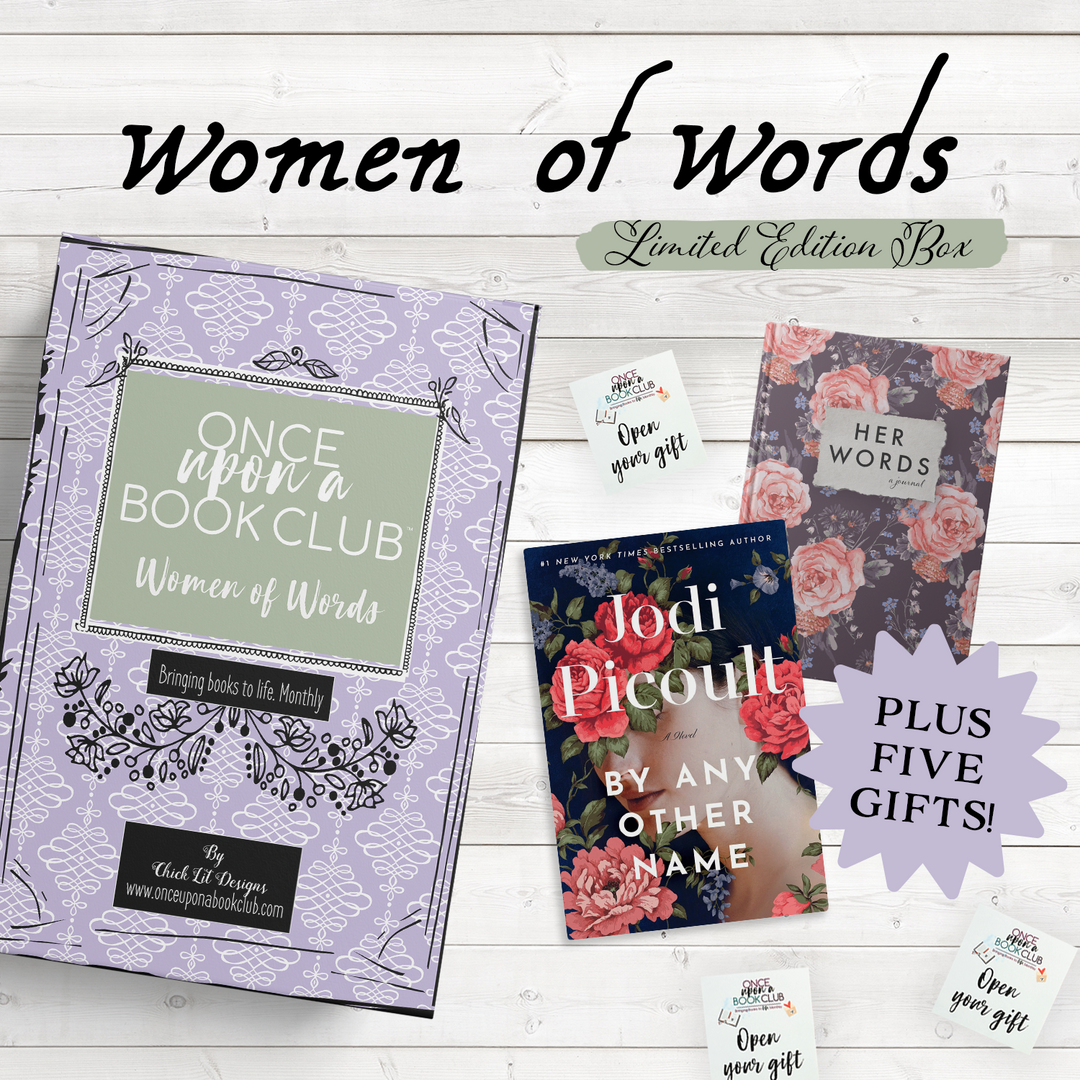 The Women of Words Limited Edition box pre-order image. Image contains a lilac toned box with sage green accents. A copy of By Any Other Name by Jodi Picoult sits next to the box. A custom floral journal sits above the book. PLUS FIVE GIFTS is written in large letters in the bottom right corner of the image. Open Your Gift sticky notes are scattered on the white wood floor behind the products.