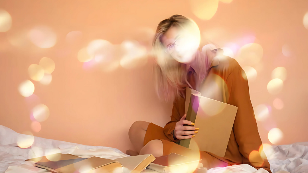 Woman with glasses reading amidst glowing lights and scattered books.