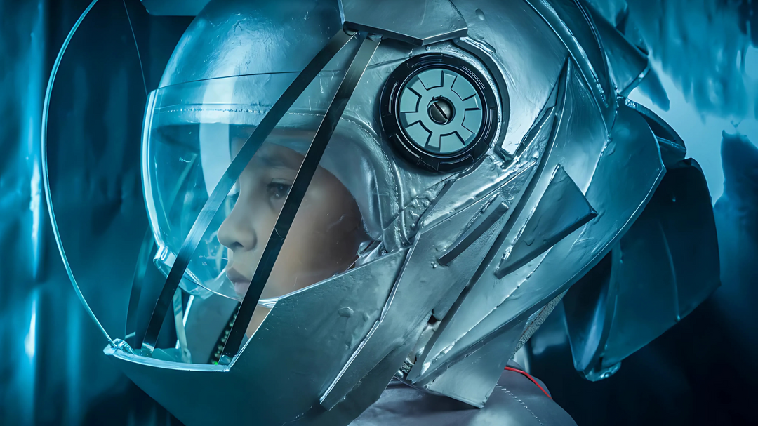 A young person wearing a detailed, futuristic helmet, looking determined and ready for space adventures.