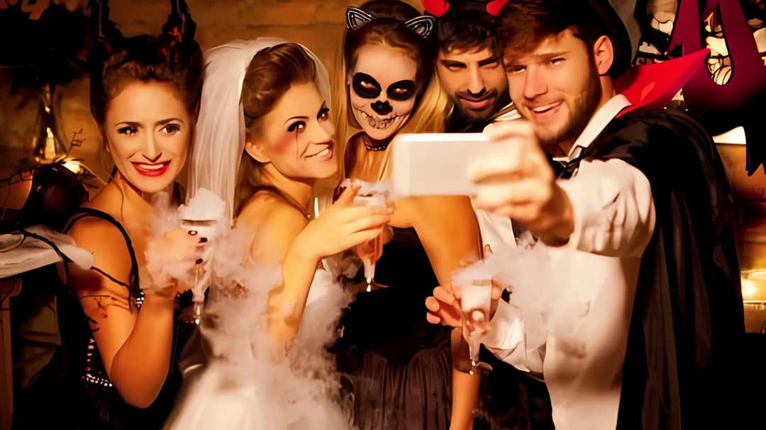 Friends in Halloween costumes taking a selfie with drinks in a festive, spooky atmosphere.