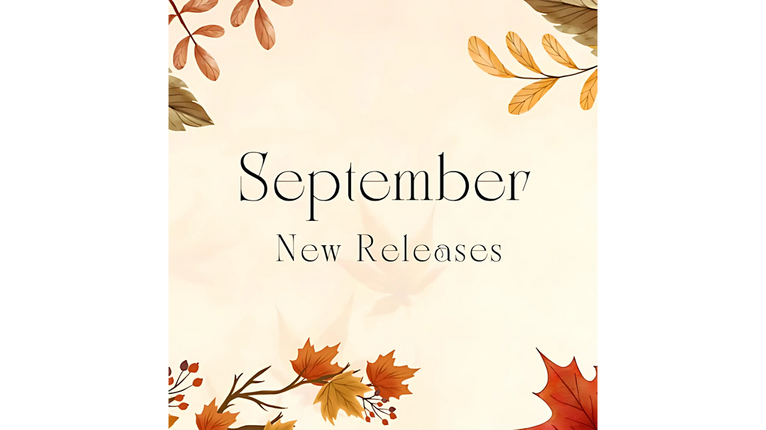 A "September New Releases" graphic with autumn leaves in shades of orange, red, and yellow framing the text against a beige background.