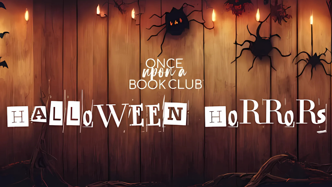 Once Upon a Book Club Halloween Horrors promotional image with spooky lighting, bats, and spider web decorations.