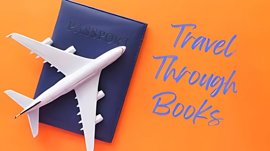 A small toy airplane rests on a blue passport against an orange background with the text 'Travel Through Books' written beside it.