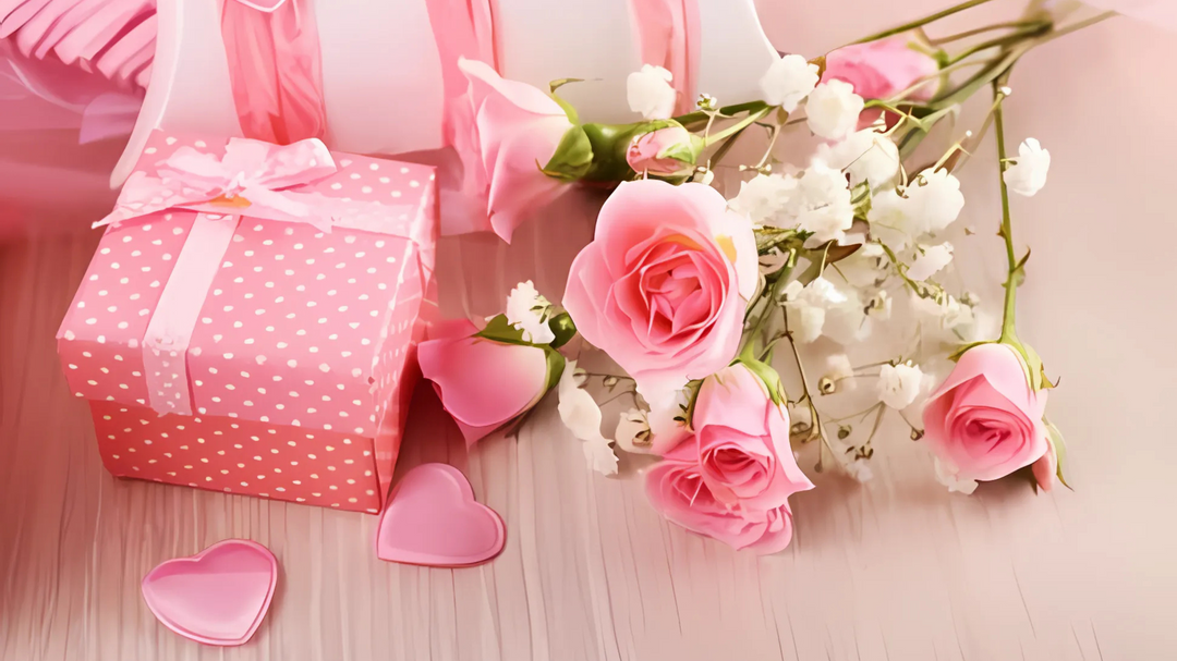 A beautifully wrapped pink polka-dot gift box, accompanied by fresh pink roses and heart-shaped decorations, creating a romantic and elegant aesthetic.