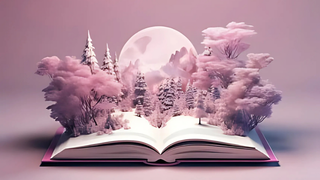 An open book with pink trees and a snowy landscape emerging from its pages, set against a glowing moon in a dreamy, pastel world.