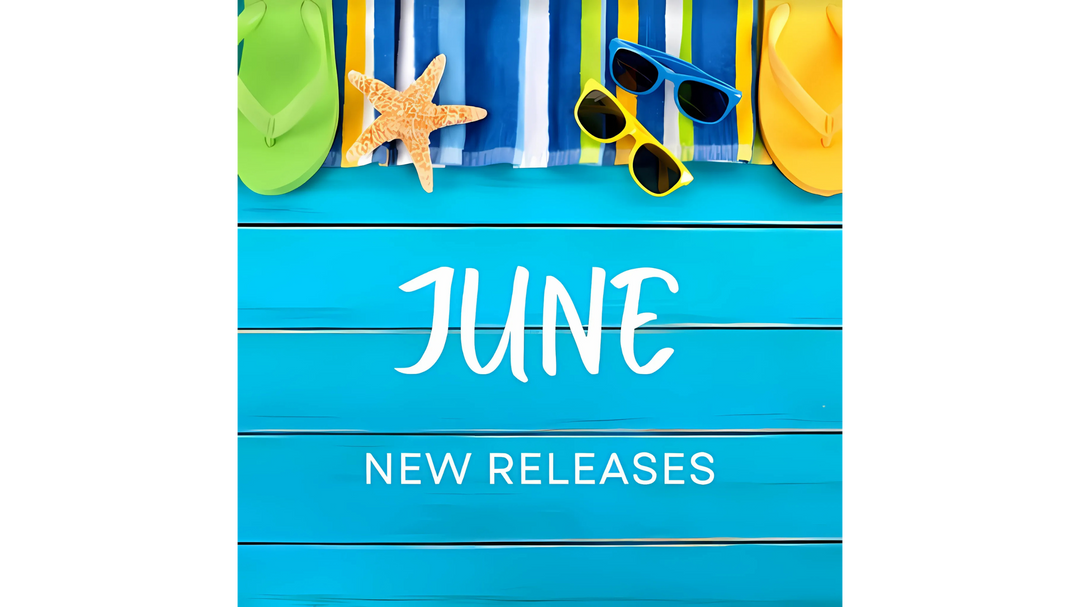 June new releases displayed on a turquoise wooden background with flip-flops, a starfish, and sunglasses, evoking a summer theme.