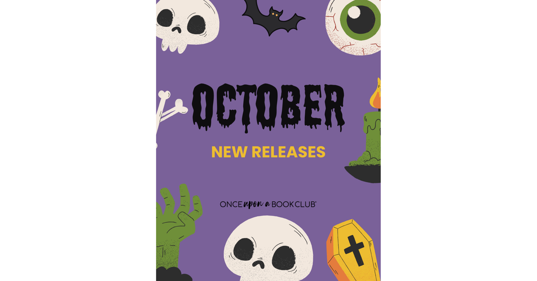Purple October New Releases graphic with skulls, bats, a green hand, an eyeball, and a coffin.