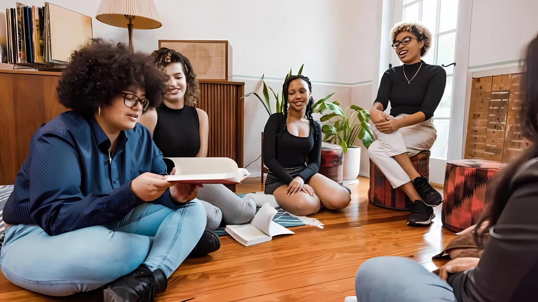 A group of young adults engaging in a lively book club discussion in a cozy room, with one reading aloud and others listening.