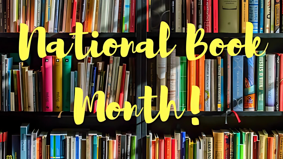 National Book Month' is written in front of shelves of books.