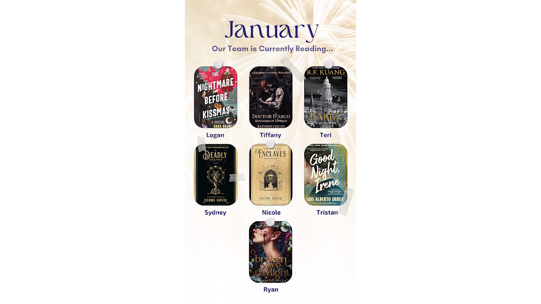 A graphic of OUABC's January reads featuring book covers, including Babel, A Deadly Education, and Good Night, Irene.