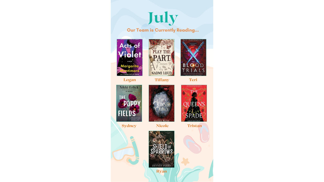 Graphic showing the OUABC team's July reads with book covers and team member names beneath each selection.