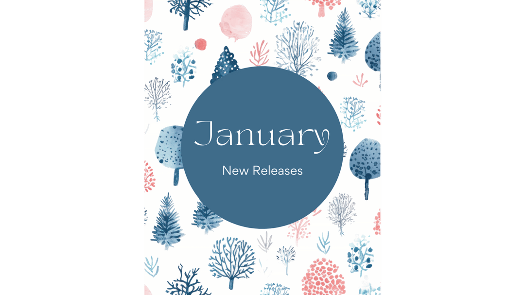Blue circle with "January New Releases" text on a background of winter trees in blue, pink, and coral tones.
