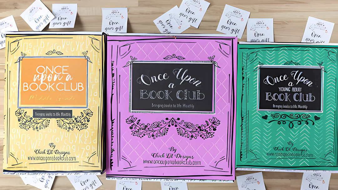 Three Once Upon a Book Club subscription boxes in yellow, pink, and green, displayed on a wooden background, surrounded by "Open Your Gift" notes.