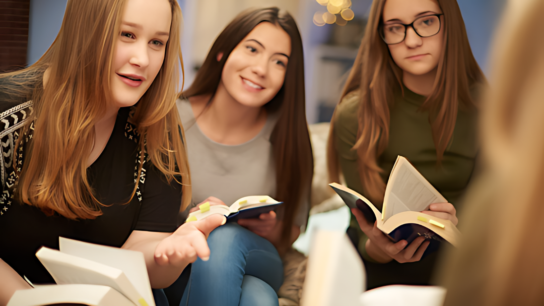 A group of teenage girls engaged in a book discussion, holding open books with sticky notes, in a cozy indoor setting.