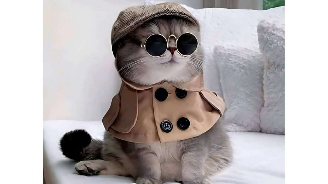 A stylish gray cat dressed in a beige trench coat, flat cap, and round sunglasses, sitting on a white couch with a regal posture.