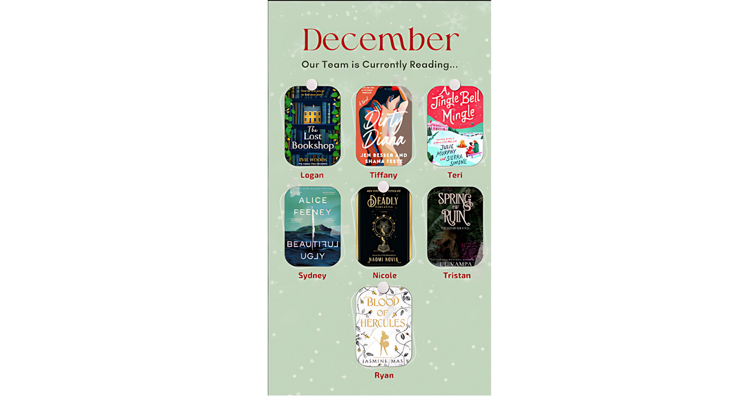 December reading list graphic with book covers of The Lost Bookshop, Dirty Diana, A Jingle Bell Mingle, Beautiful Ugly, A Deadly Education, Spring of Ruin, and Blood of Hercules.