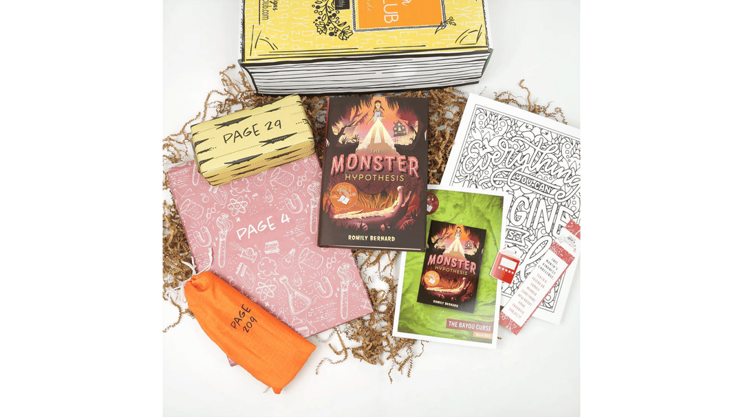 Tween book box with The Monster Hypothesis, gifts marked by page numbers, coloring sheet, and extras.