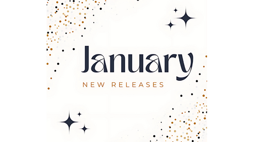 Elegant graphic with gold and black confetti and the text "January New Releases" in stylish, bold lettering.