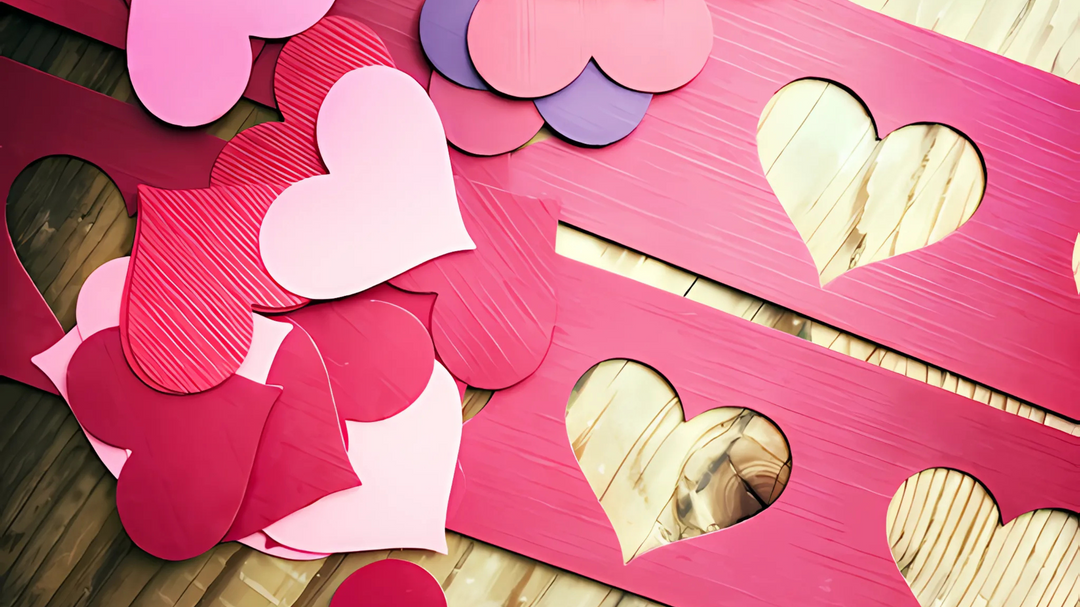 Red and pink heart-shaped cutouts made from textured cardstock, along with strips of paper with heart-shaped cutouts on a wooden surface.