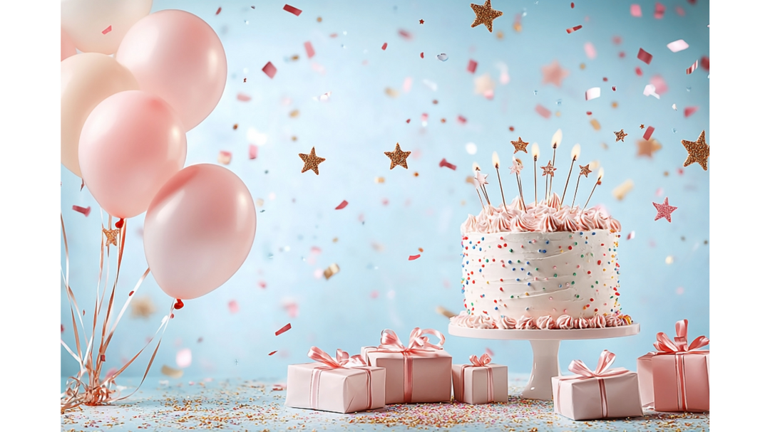Pink birthday cake with candles on a stand, surrounded by balloons, wrapped gifts and falling confetti.