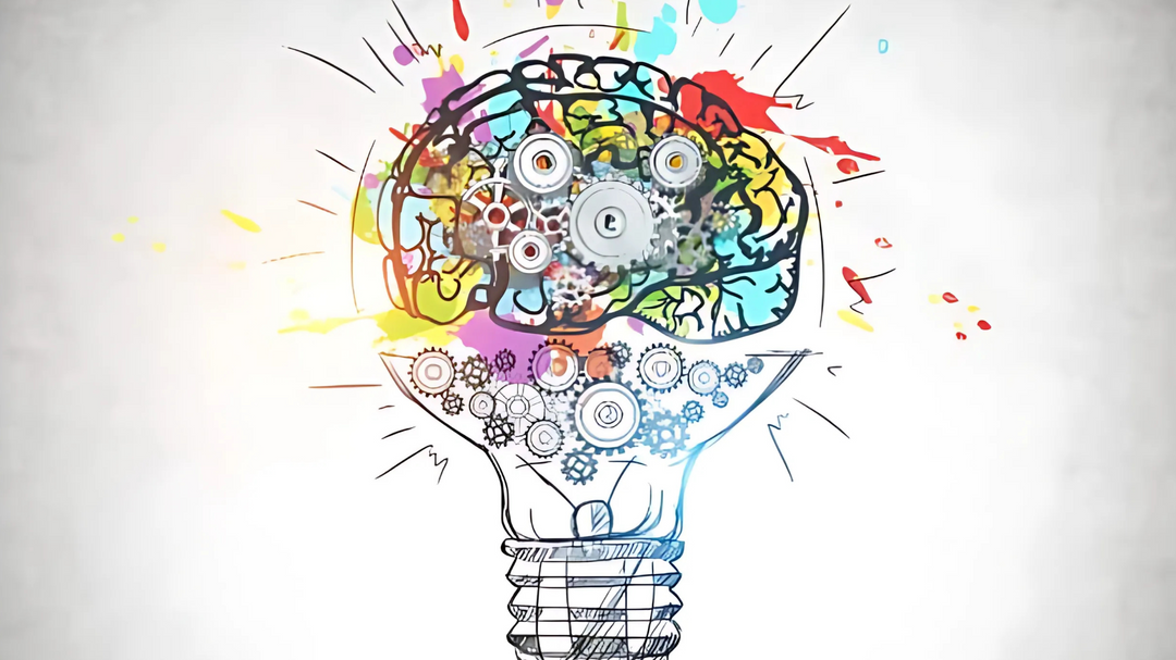 A creative illustration of a brain inside a light bulb, with colorful splashes and gears symbolizing ideas, creativity, and innovation.