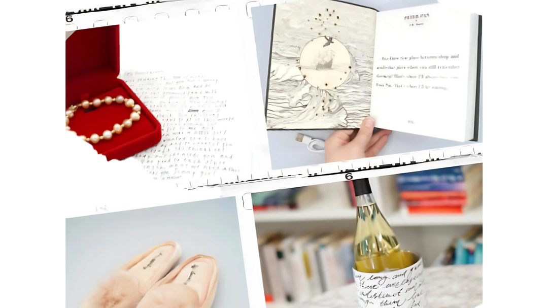 Collage showcasing bookish accessories: a pearl bracelet in a red box, a literary-themed book light, cozy slippers, and a wine bottle wrap.