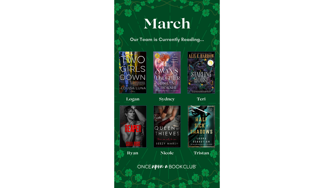 Green St. Patrick’s-themed graphic titled “March – Our Team is Currently Reading…” featuring a grid of book covers paired with team member names.