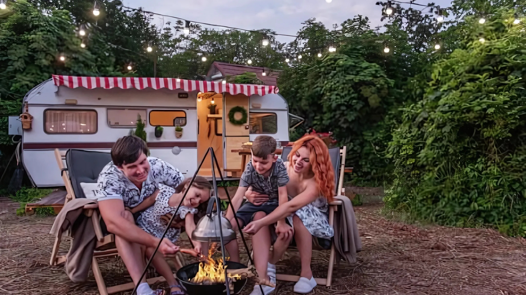 Image of a family camping: A cheerful family sitting around a campfire outside their camper van, roasting marshmallows under string lights during an evening camping trip.