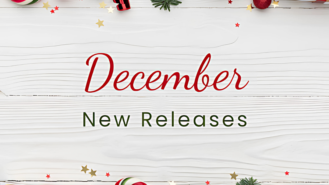 A festive layout featuring Christmas decorations, including ornaments, candy canes, and gifts, with the text "December New Releases."