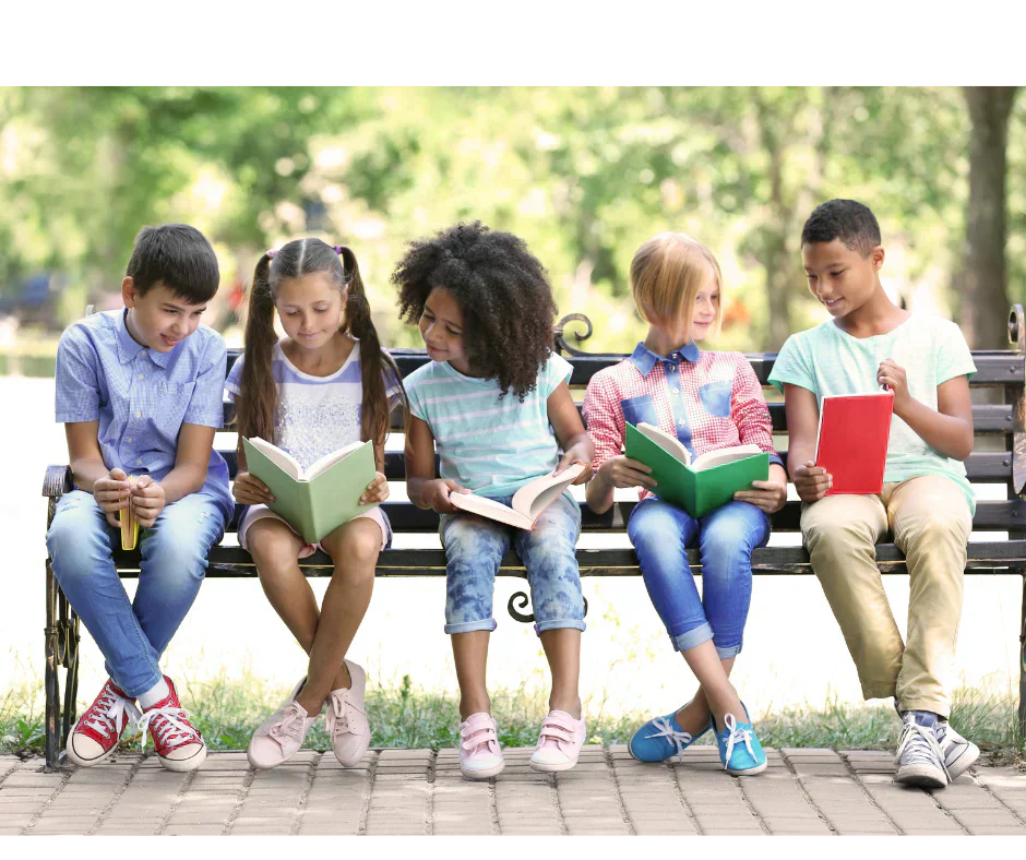 Five children sitting on a park bench, each reading a book, with a bright and leafy outdoor background.