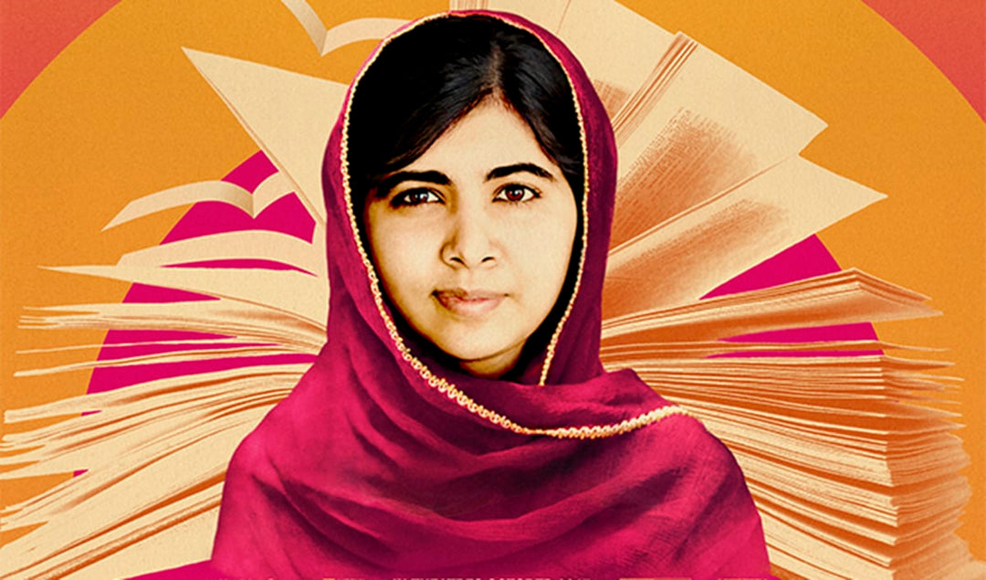 A portrait of Malala Yousafzai wearing a red headscarf, set against a vibrant background with stylized open books and warm orange hues.