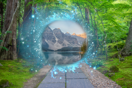 A magical portal in a forest opens to reveal a serene lake with majestic mountains in the background, evoking a sense of adventure and discovery