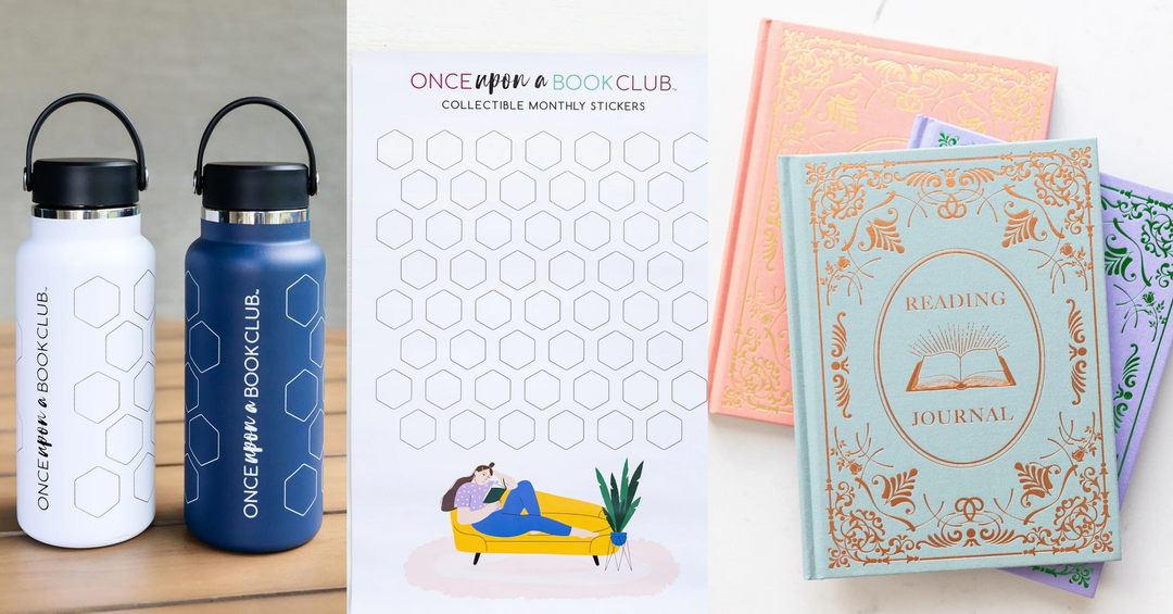 Once Upon a Book Club water bottles, collectible sticker tracker, and three colorful reading journals displayed side by side.