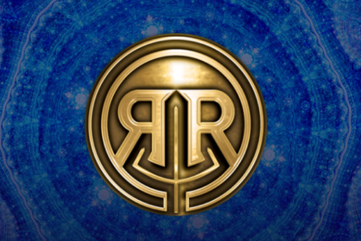 Golden 'RR' emblem on a blue, cosmic background representing Rick Riordan Presents.