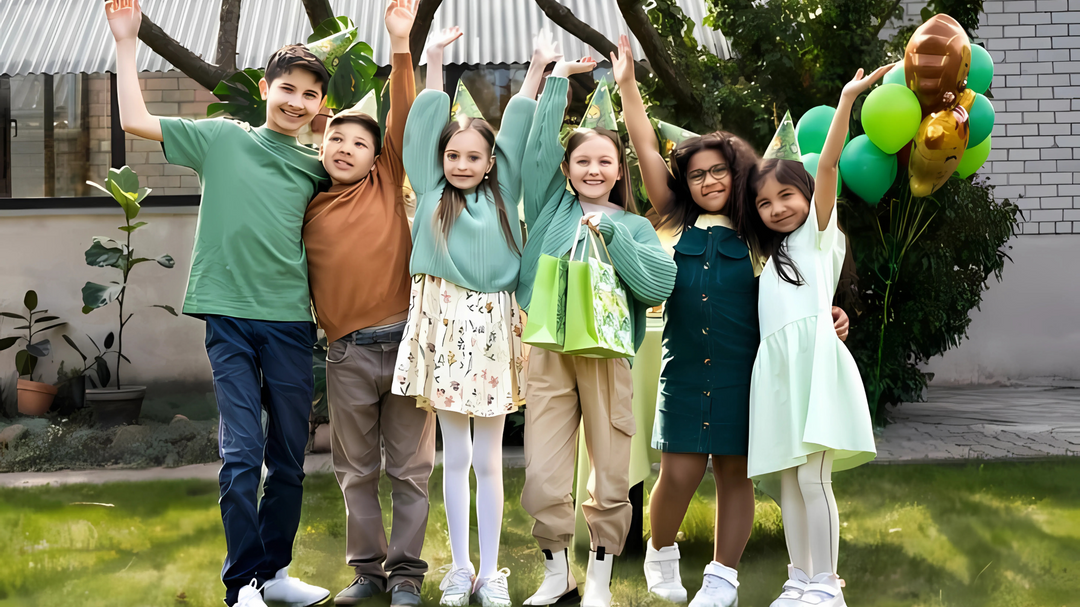 Group of six happy children wearing party hats, standing outdoors with their arms raised in celebration, smiling together.