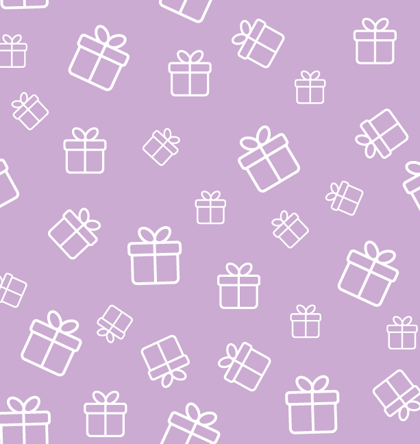 a purple background with a pattern of white outlined presents across it.