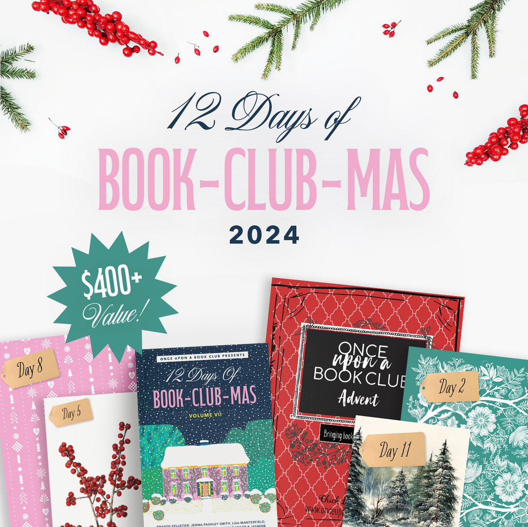 12 Days of Book-Club-Mas graphic featuring festive red holiday berries and pine branches along the top of the image. A red Advent book-shaped box is along the bottom of the image along with 4 of the package designs included in the box, plus the anthology book cover! $400+ value!