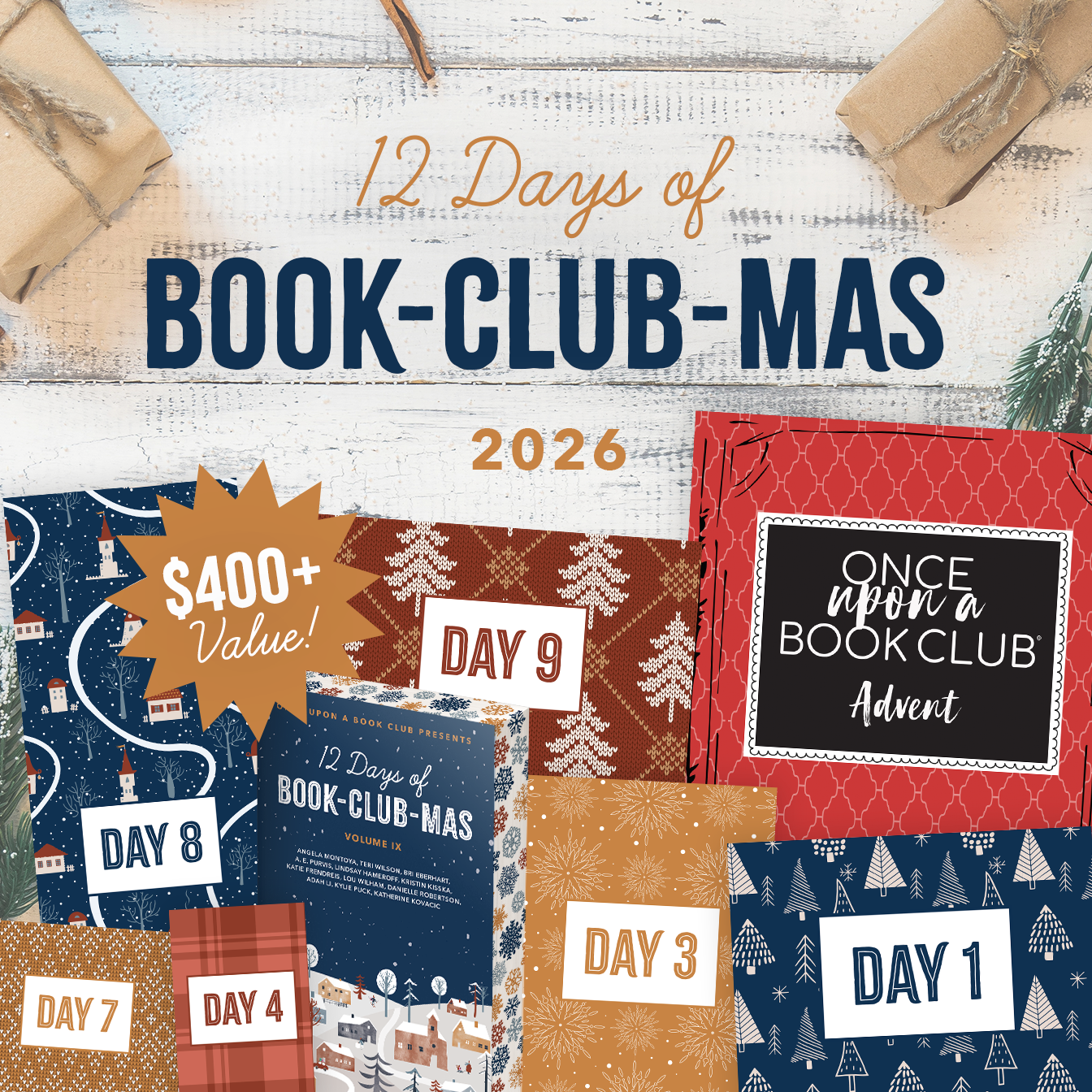 Promotional graphic for a 12 Days of Book-Club-Mas 2026 book club advent set, showing the full 12 Days Volume IX anthology displayed sprayed edges with a snowflake pattern and multiple wrapped gift packages arranged on a whitewashed wood background with wrapped gifts and pine branches.