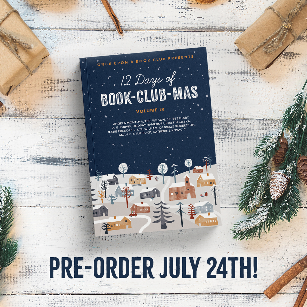 A book cover for '12 Days of Book-Club-Mas Volume IX' is displayed on a white wood background with wrapped gifts, evergreen branches, cinnamon sticks, and pinecones. This anthology features short stories by Angela Montoya, Teri Wilson, Bri Eberhart, A. E. Purvis, Lindsay Hameroff, Kristin Kisska, Katie Frendreis, Lou Wilham, Danielle Robertson, Adah Li, Kylie Puck, and Katherine Kovacic.