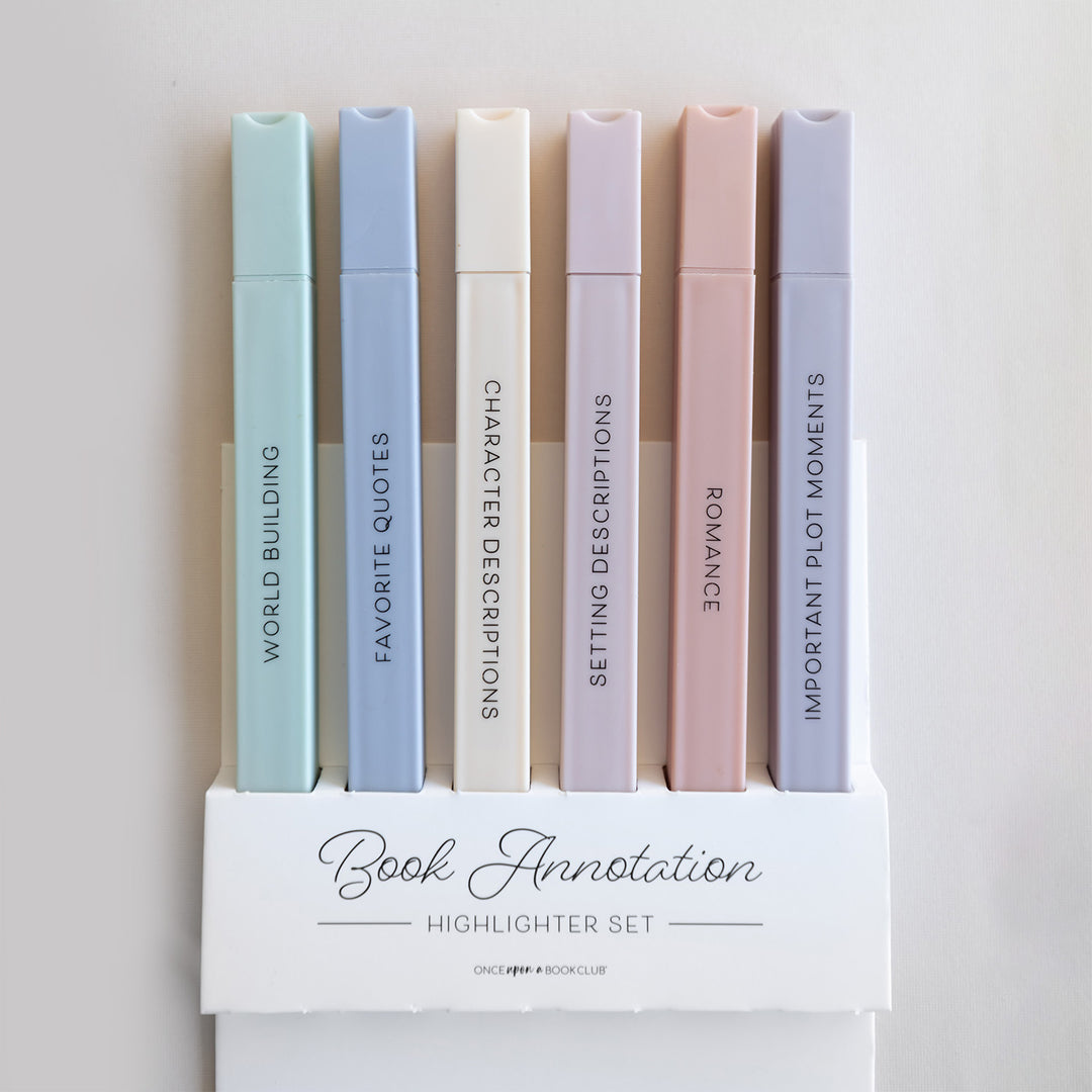 A set of book annotation highlighters in pastel colors. Each highlighter has a different phrase: World Building, Favorite Quotes, Character Descriptions, Setting Descriptions, Romance, and Important Plot Moments.
