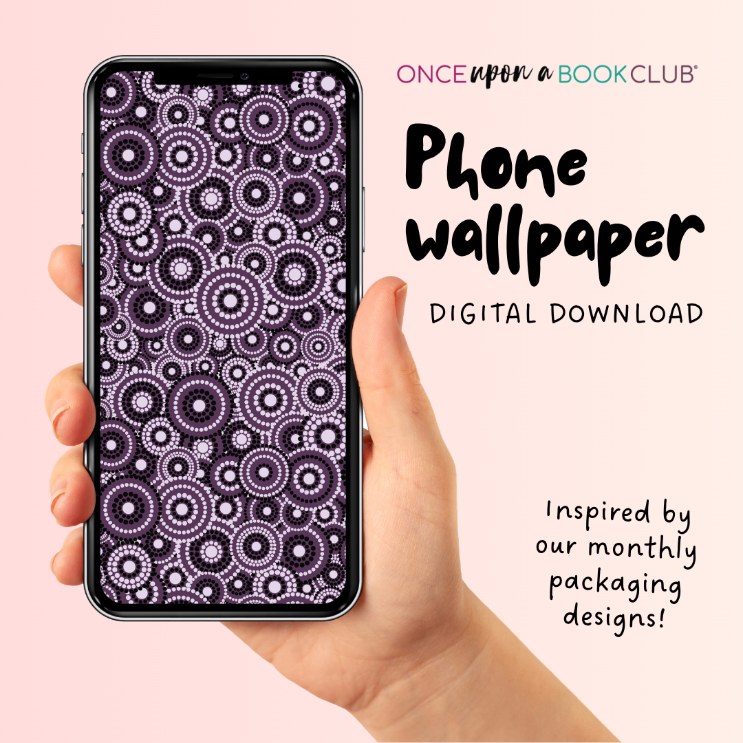 Hand holding a phone with a patterned wallpaper displayed, promoting a digital download from Once Upon a Book Club.