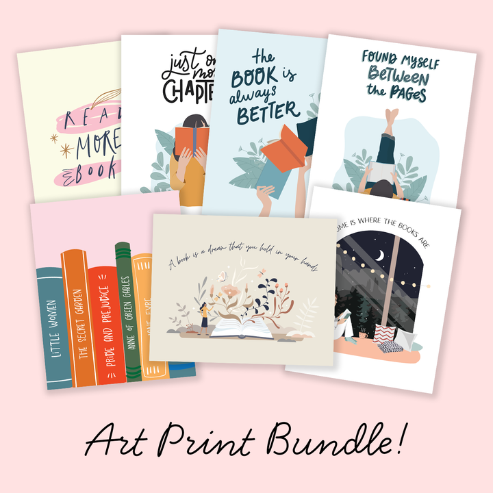 A pink background displays the seven art prints of the Summer 2024 Collection: "Book Spines," "Books Are Dreams," "Read More Books," "Books Are Home," "Between The Pages," "The Book Is Better," and "One More Chapter." These are being sold as a bundle for a discounted rate.