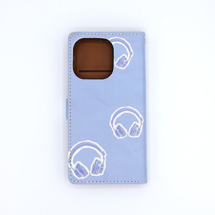 Light blue phone case with white headphones design on a white background