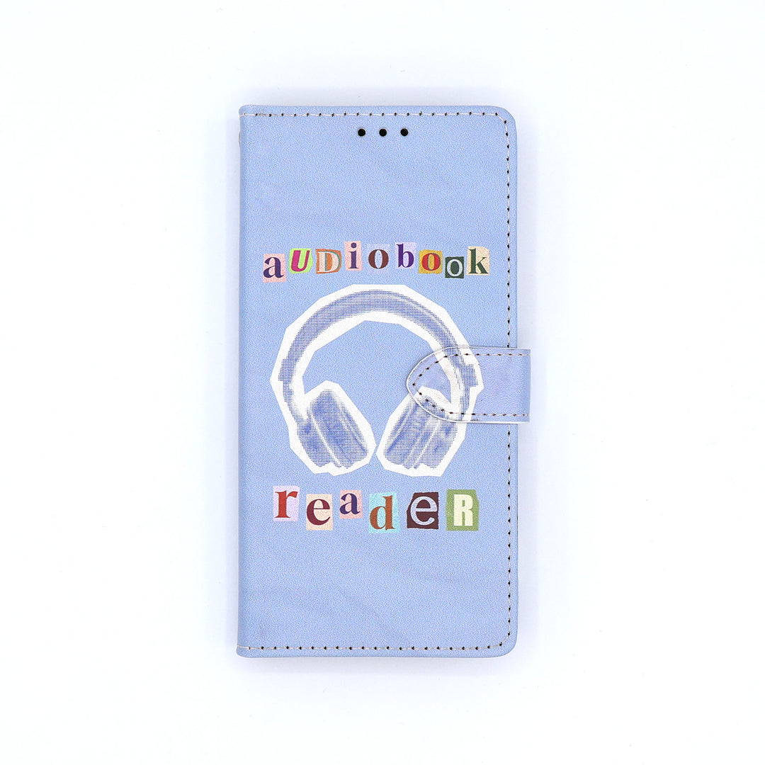 Light blue phone case with headphones and 'audiobook reader' text on a white background