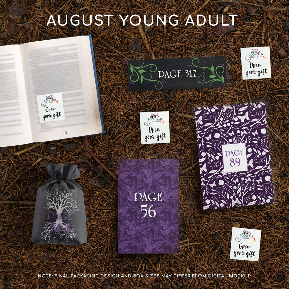 August Young Adult Once Upon a Book Club gifts are designed in aesthetic packaging colors and patterns to match the book cover/theme of the novel. Each gift is labeled with a page number, signifying when the gift is described within the story.