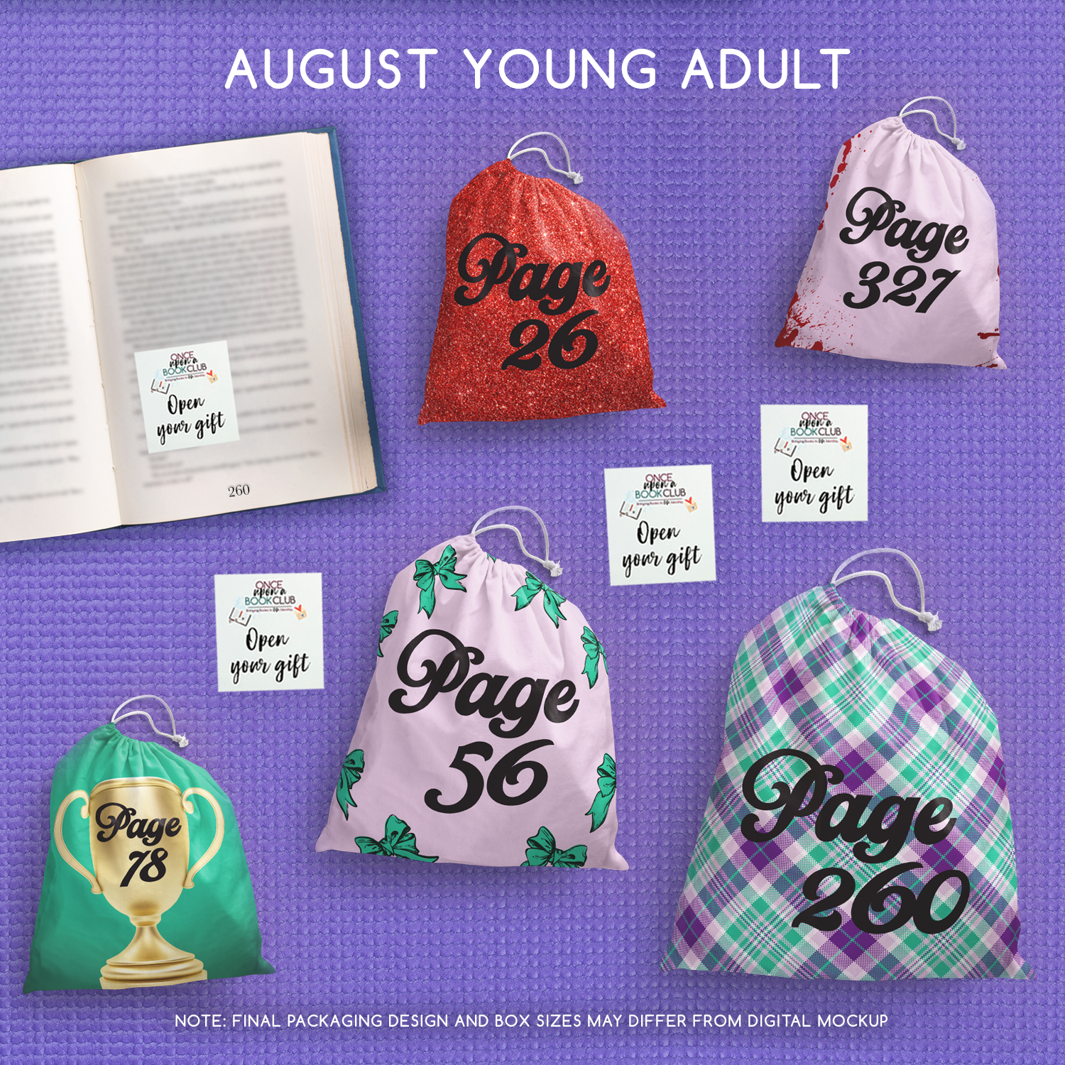 A set of five wrapped gifts labeled with page numbers and open your gift sticky notes!