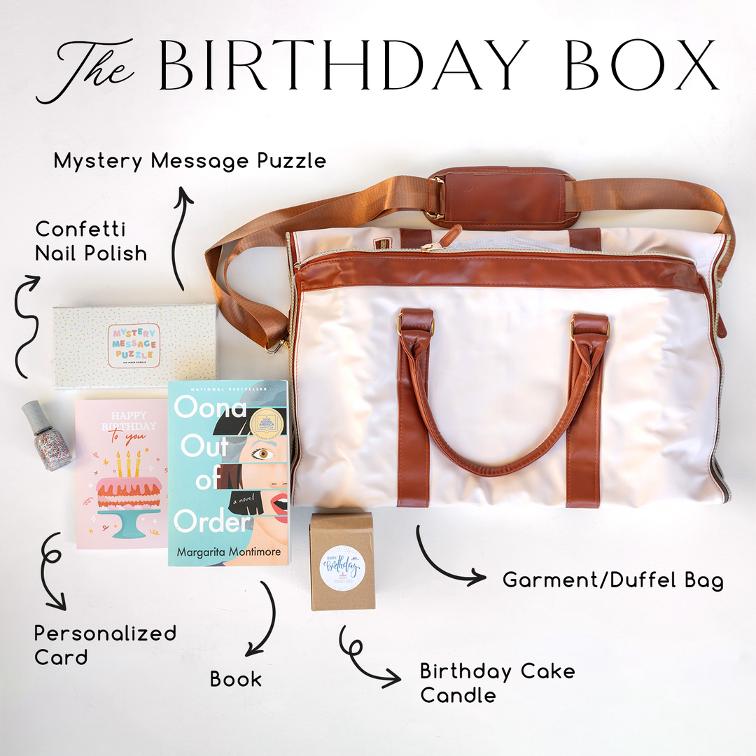 The Birthday Box: A copy of Oona Out of Order by Margarita Montimore, a mystery message puzzle, a bottle of confetti nail polish, a birthday cake candle, a garment/duffel bag, and a personalized card.