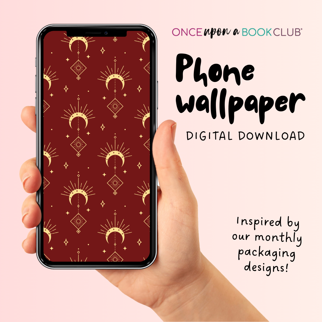Hand holding a phone with a red phone wallpaper featuring celestial designs, with 'Once Upon a Book Club' branding.